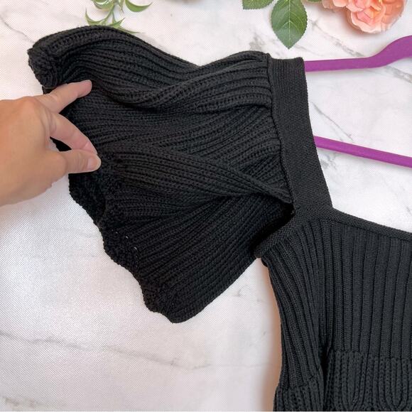 Entro Chunky Cable Knit Puff Ruffle Sleeve Square Neck Sweater Top Black Large - Picture 5 of 11